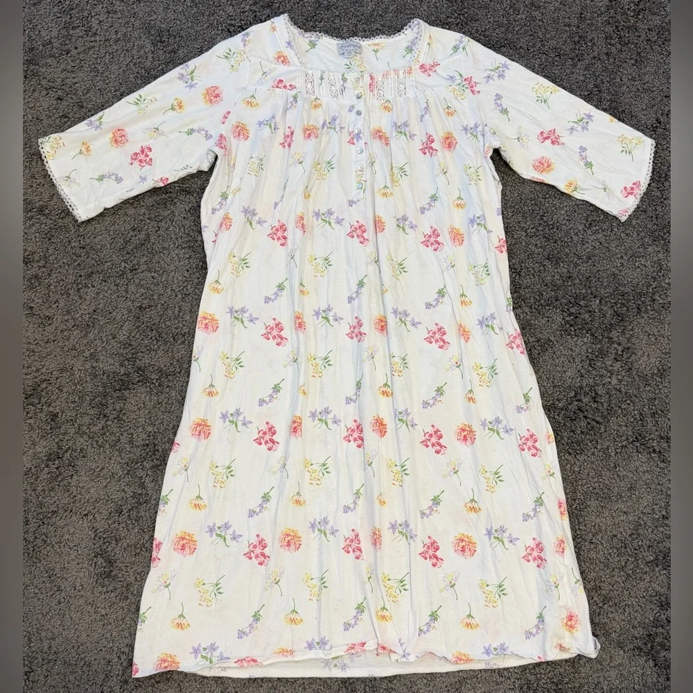 Lanz of Salzburg Tossed Floral Cotton Knit Long Nightgown White Floral Womens 1X